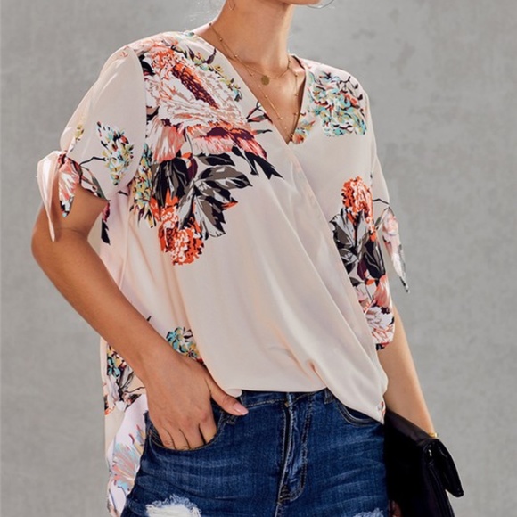 #24 Boho Floral Tropical Print Surplice Tie Sleeve Blouse - Picture 3 of 4